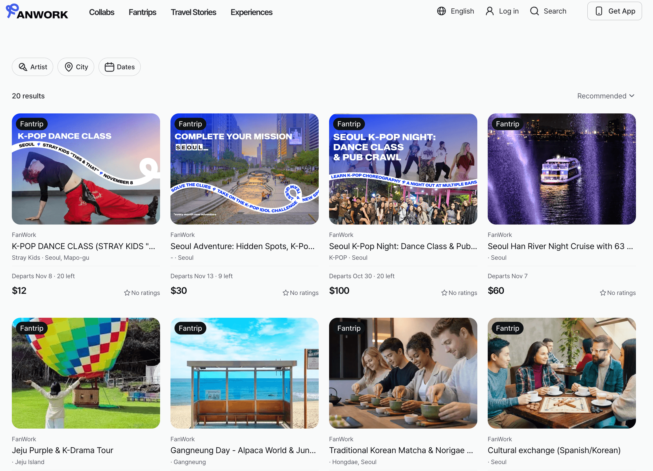 The actual FanWork FanTrip travel and experience product listing