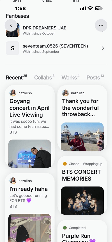 Collabs and activity history on a member profile